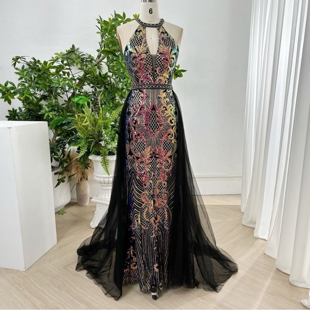 Halter O neck sequin tulle mermaid black long prom dress P0001 size 6